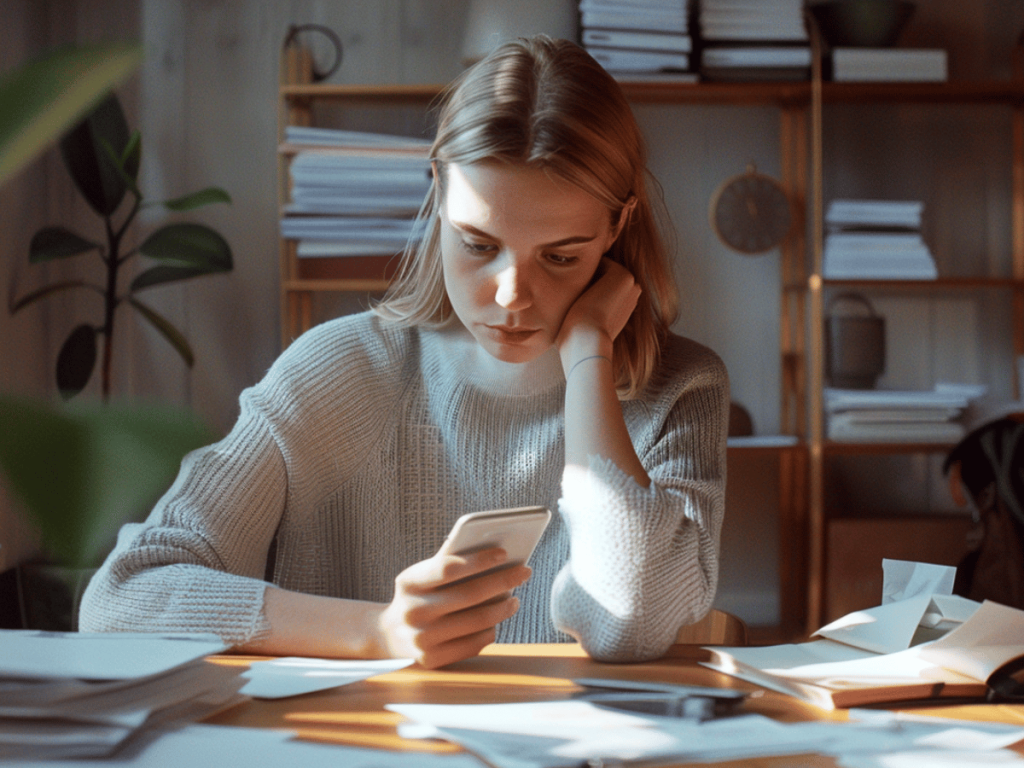 Woman sitting at a desk looking at her phone
